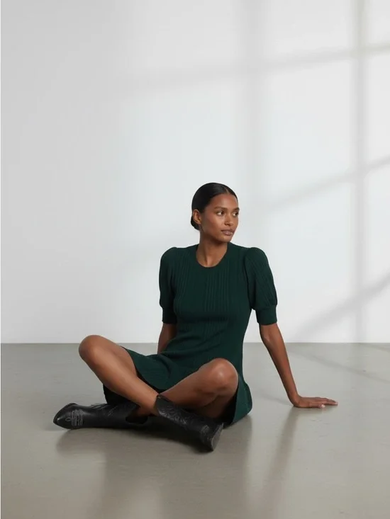 Women’s Dark Green Knit Puff-Sleeve Drop-Waist Dress - Picture 2 of 3